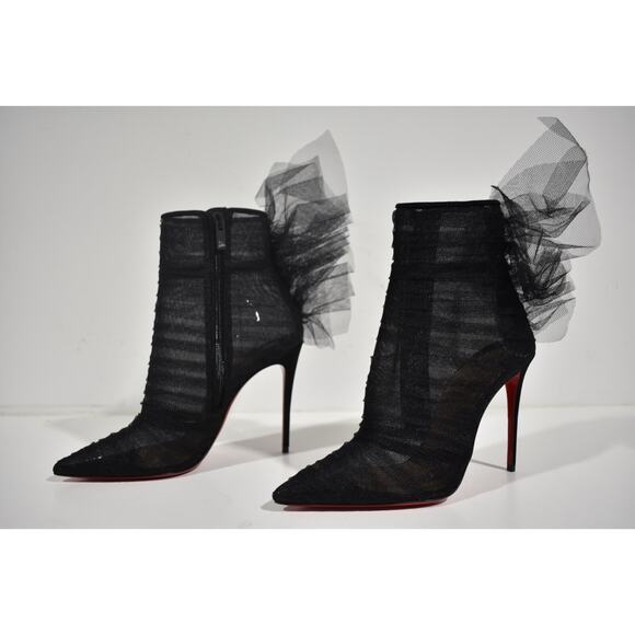 Christian Louboutin Libellibooty 100 Black Mesh Tulle Ankle Boot Heel Pump 34.5 - Picture 10 of 12